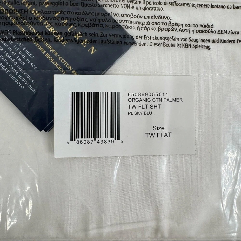Ralph Lauren NWT Organic Cotton Palmer‎ Twin Flat Sheet Sky Blue